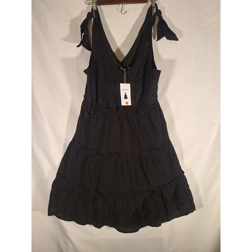 ZESICA Womens Black‎ Tiered Mini Dress Tie Strap V Neck Sleeveless Summer Large